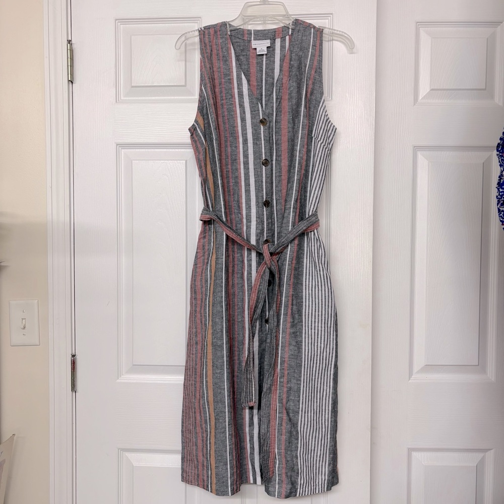 Liz Claiborne Linen Blend Sleeveless Button Front Striped Midi Dress Size M